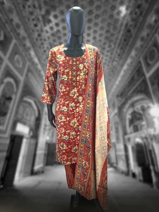 Muslin Suit Brown Colour with Flowers Design