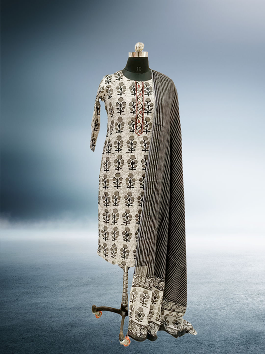 Muslin Suit Grey Colour with Flowers